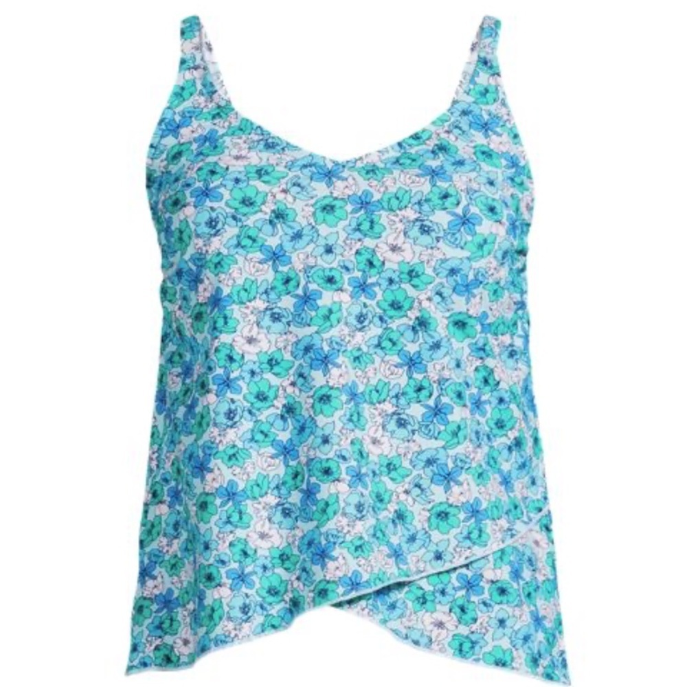 Lands' End Aqua and White Floral Swim Top Size Small Long Torso 6-8 NWT